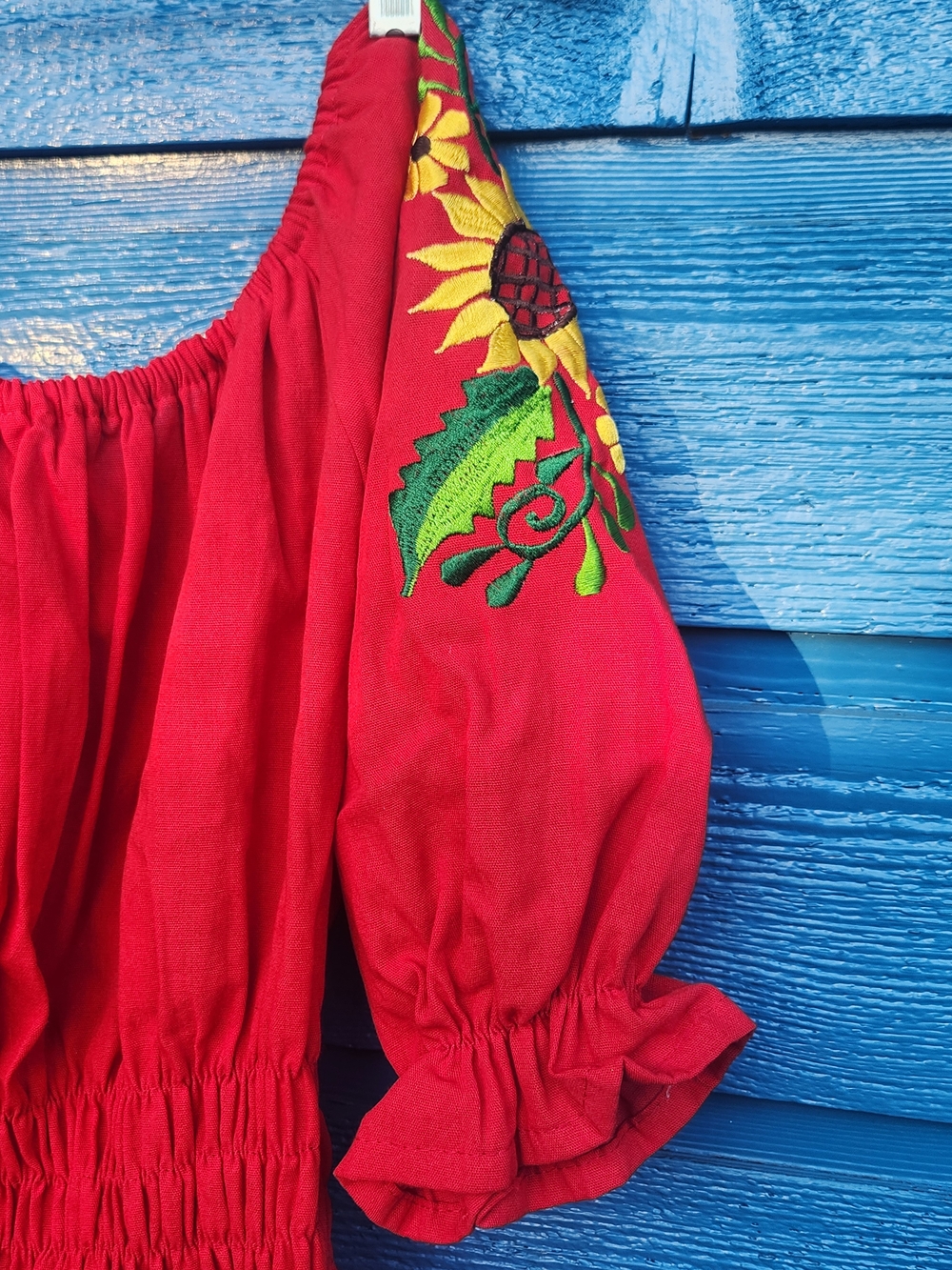 Red Embroidered Peasant Top with Sunflower Detail - Picture 6 of 7
